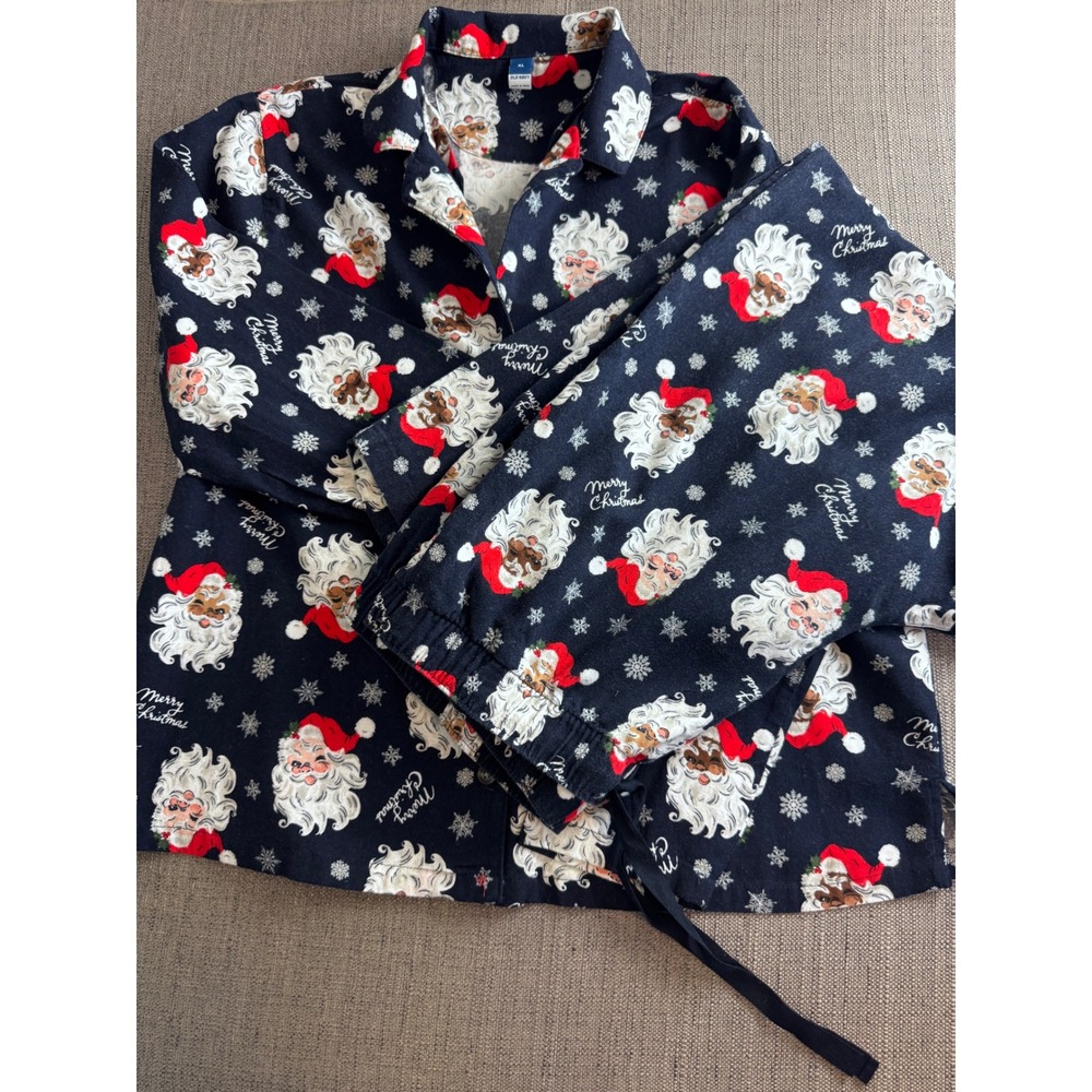 Old Navy Mens Flannel Pajamas XL Navy Blue Santa Claus Christmas Sleepwear Set